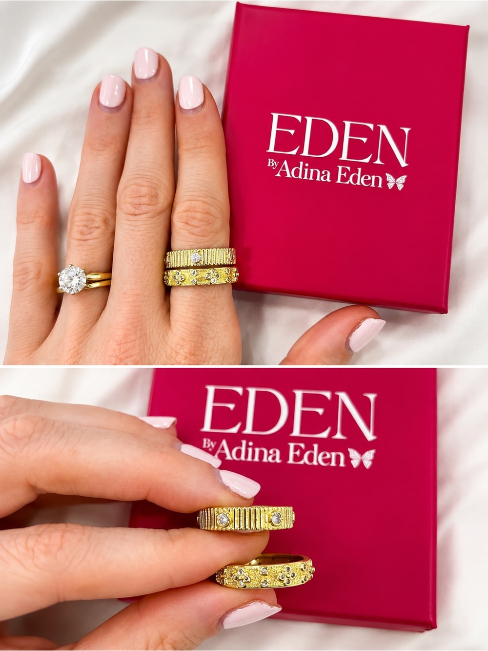 Bundle of 2! Adina Eden Gold Stackable Textured & Pavé Crystal Ring Set